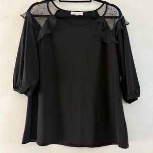 Emma & Olive Black Sheer Mesh Polka Dot Shoulder Top XL